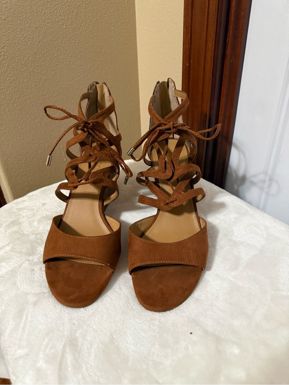 Franco Sarto "Mollie" Lace-Up Wedge Sandals - Whisky Brown Suede 10M